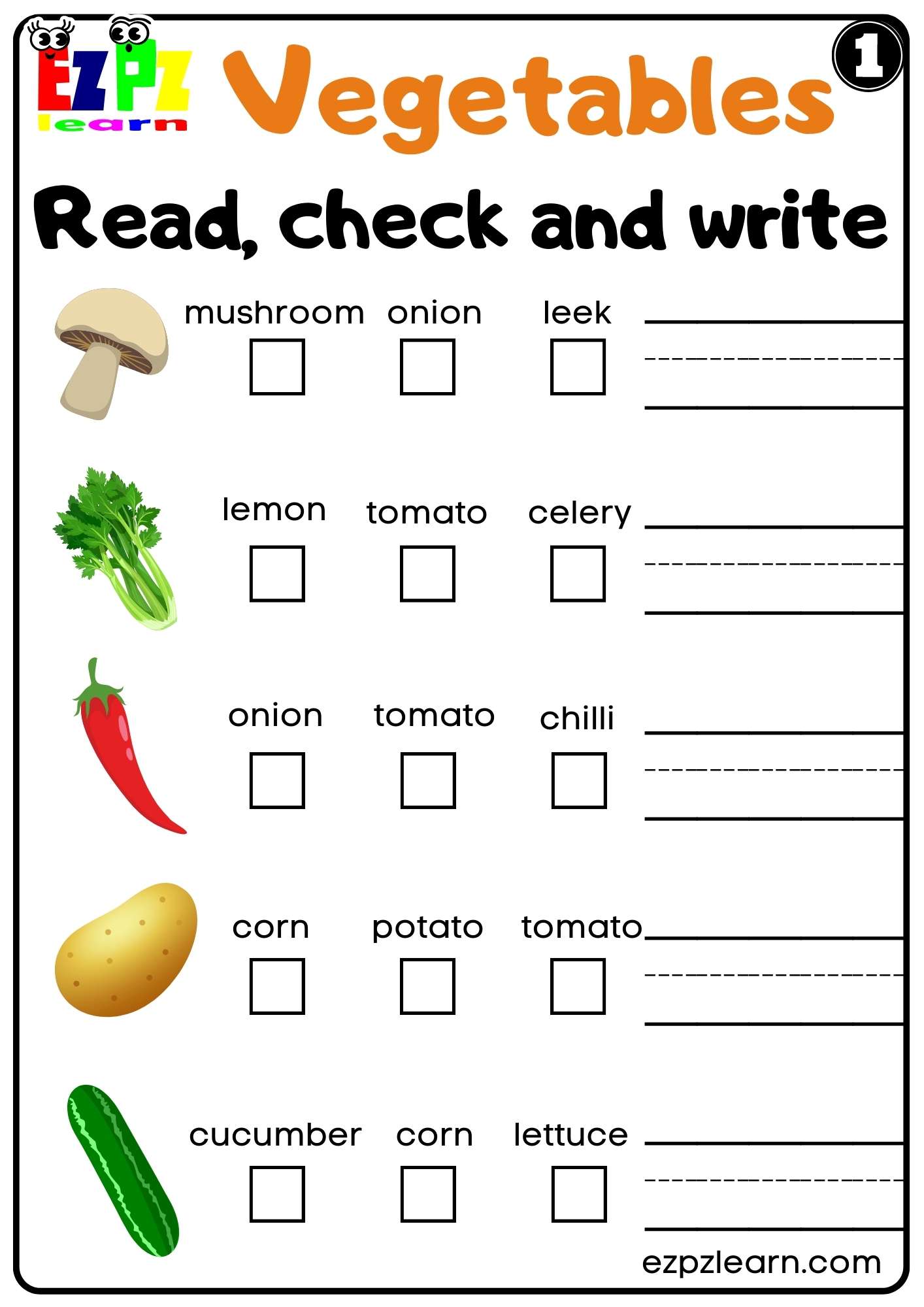 Vegetables Check and Write Worksheet for ESL Students and K5 Set 1